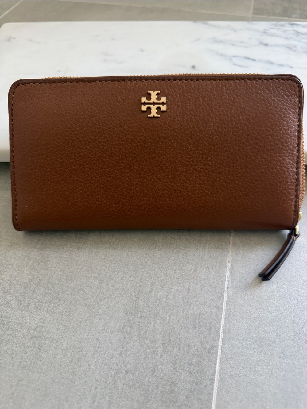Tory Burch Chestnut Brown Zip Wallet with Gold Logo